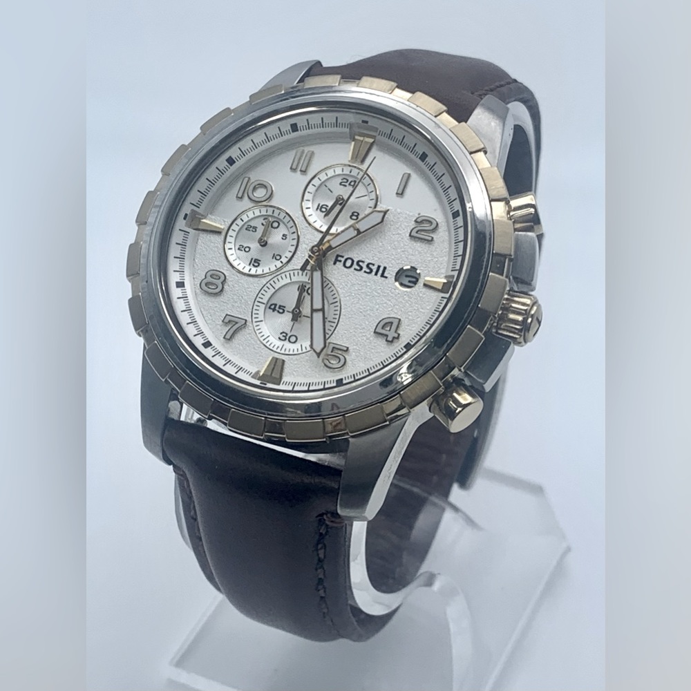 Men’s Fossil FS4788 two-tone Dean chronograph watch with brown leather band
